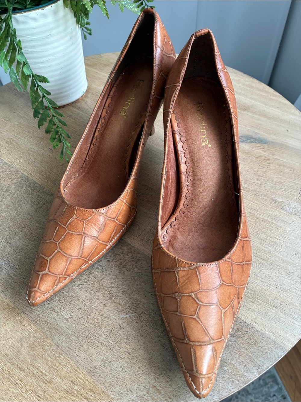 Perlina NY Cognac Croc-Embossed Pointed Toe Pumps, Excellent Quality/Condition